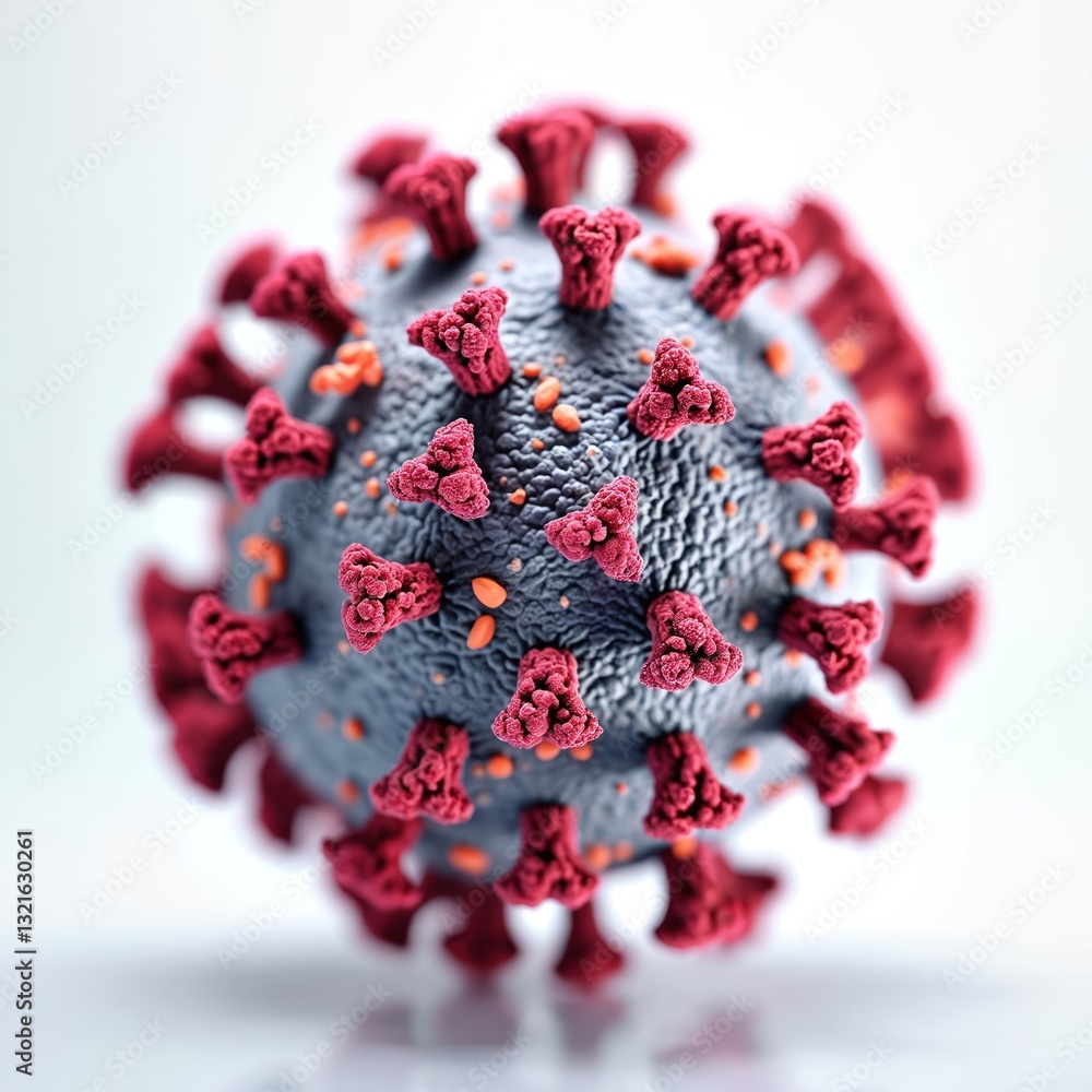Poster Detailed close-up of virus structure in 3D rendering shows its unique morphology. Ball-shaped virion in grey, red and orange colors. Perfect for healthcare, microbiology or science promo project.