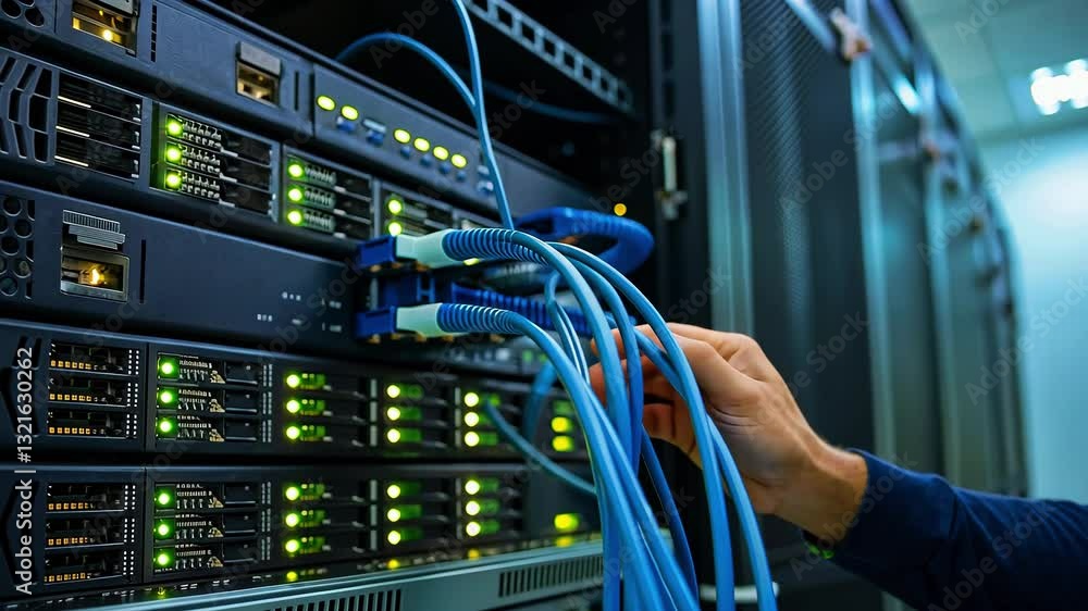 Aufkleber technician managing network cables in a server room, ensuring connectivity and system functionality