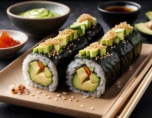 vegan japanese sushi roll with avocado, cucumber, sesame, soy sauce, wasabi, and ginger
