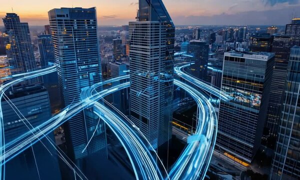 Rapid Data Transmission via Optical Rays in a Bustling Downtown Urban Environment: Aerial View at Dusk Showcasing High-Speed Communication in the Financial District