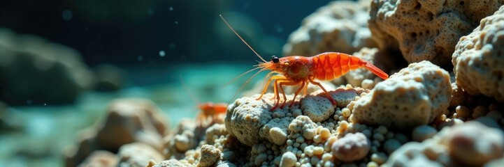 Live rock habitat with shrimp and coquina shell, live rock, invasive shrimp