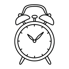 Old alarm clock vector illustration. Vintage wake-up clock in doodle style. Black line art isolated on white background.