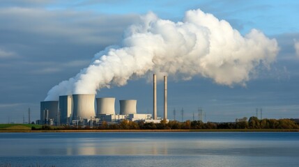 Panoramic view of a power plant complex across a serene water body