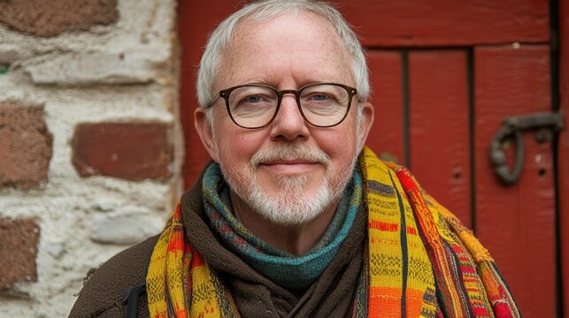 A smiling man wearing circular glasses and a vibrant scarf stands in front of a weathered red door. The warm colors of fall foliage surround this charming village scene