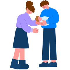 happy parents caring for their newborn, family bonding flat vector illustration