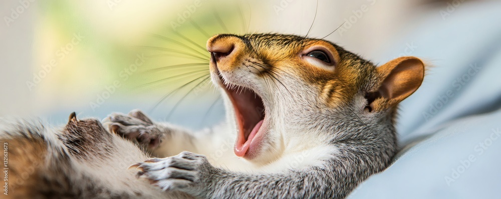 Poster a close up image of a squirrel yawning openly
