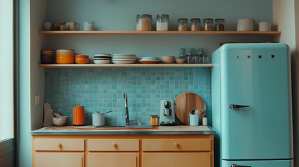 Coastal kitchen with a surf-themed backsplash, open shelving displaying colorful dishes, and a retro fridge