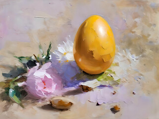 Still life. Oil painting on an Easter theme. Easter egg among flowers.