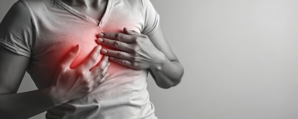 Woman holds chest with pain. Angina disease, heart attack symptom, breast cancer awareness. Hands holding body, red area of ache. Healthcare, medical, life insurance concept, mother day health,