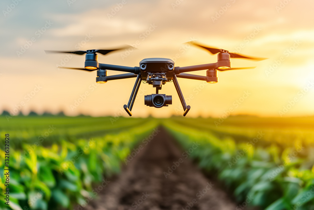 Poster a multi-rotor drone hovers above a lush field, utilizing advanced sensors to analyze soil conditions