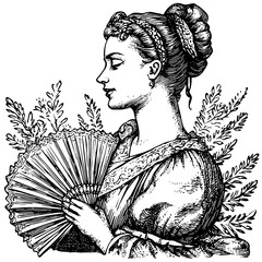 Obraz premium Elegant woman with a fan surrounded by foliage showcasing vintage engraving style for tattoo and packaging designs