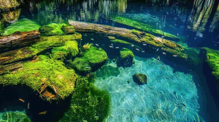 Tranquil Scenery of a Crystal-Clear Spring with Mossy Rocks and Swimming Fishes