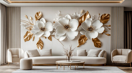 3D white flowers with golden leaves on the wall, wall mural style, white and gold color palette