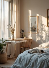 Cozy Bedroom Interior with Cat, Desk, and Warm Sunlight