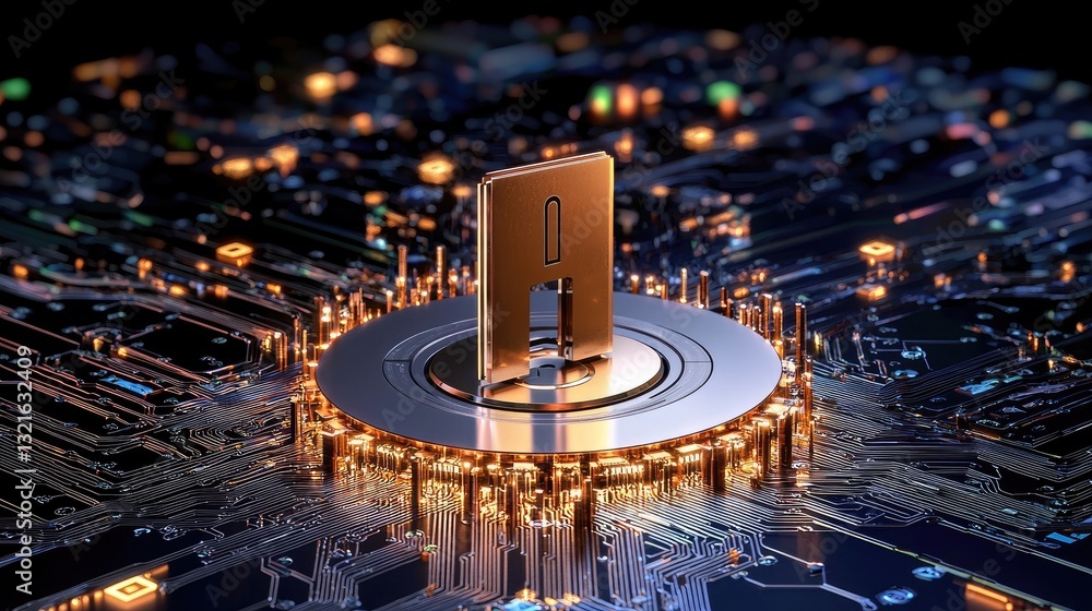 Poster a digital lock with cybersecurity analytics on a futuristic tech dashboard.
