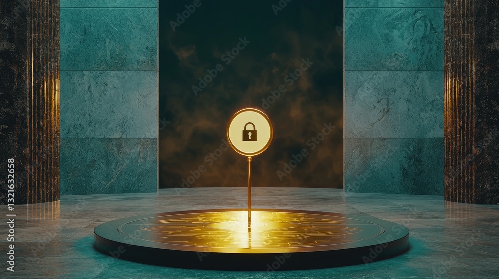 Poster a digital network with a glowing padlock and shield, representing secure online access.