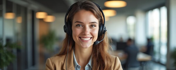 Smiling young woman in headset works at call center. Friendly attractive agent provides client support, telemarketing. Customer service adviser, representative, modern office background. Generative
