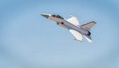 Sleek military jet soaring through clear sky at midday, speed and power