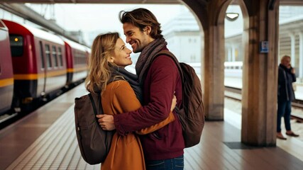  Young couple hugging at the station before parting