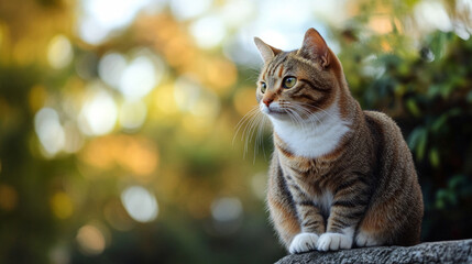Playful cat observing the surroundings in a sunlit garden with blurred greenery in the background