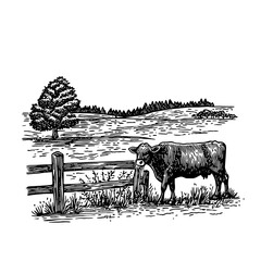 Engraved illustration of a cow in a serene pasture with a wooden fence under a tree © Pawellpi Design