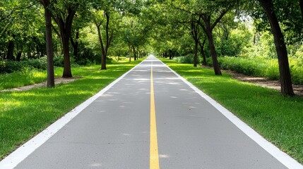 Obraz premium Tranquil Tree-Lined Pathway Through Lush Green Landscape in Sunlit Park