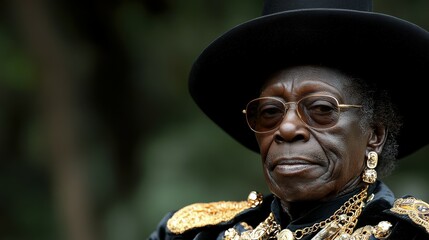 A distinguished person sits confidently outdoors, showcasing an elaborate outfit adorned with golden accessories. The surrounding greenery adds a natural backdrop to the scene