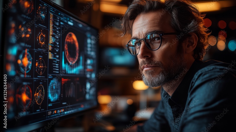Poster A professional analyzes intricate quantum computing visualizations on a computer screen in a contemporary office. Concepts like superposition and entanglement are examined closely.