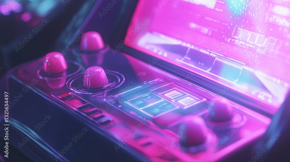Poster nostalgic arcade game machine with vibrant neon lighting and controls