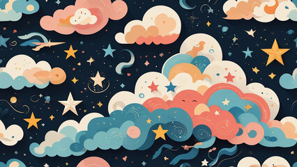 "A dreamlike pattern of clouds and stars