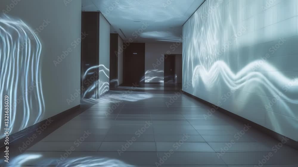 Poster luminous light art installation projecting animated wave patterns across corridor surfaces, generati