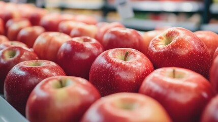 Red apples neatly arranged on a clean white table at a supermarket