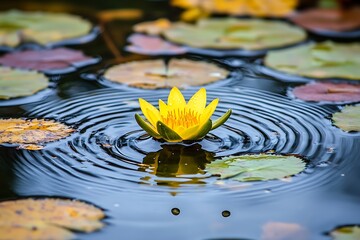 A bright yellow water lily floating on dark reflecting water