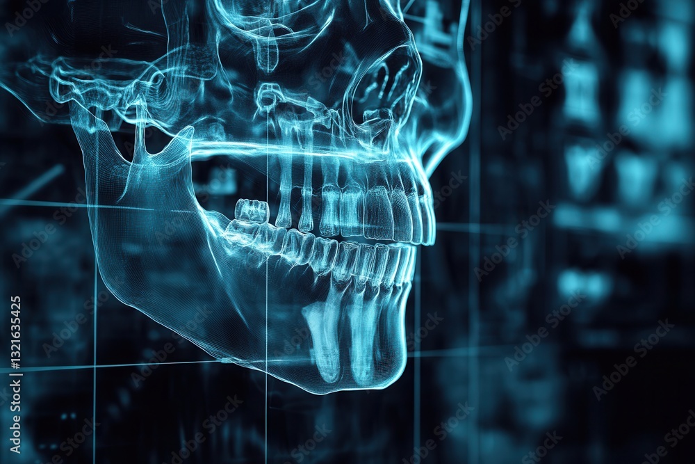 Poster detailed x-ray blueprint showcasing jawbone implants with glowing skeletal outlines and intricate de