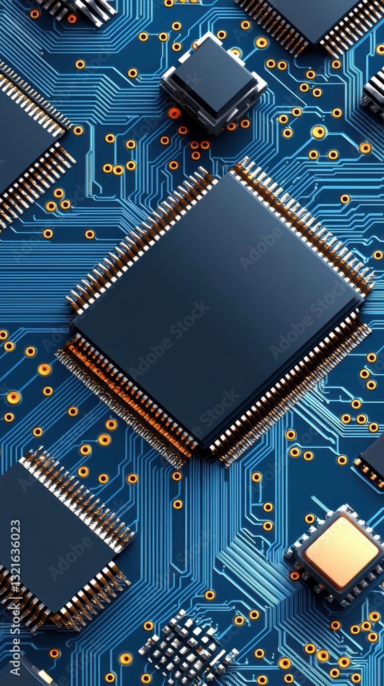 Poster a close-up view of a circuit board featuring multiple semiconductor chips and intricate blue circuit