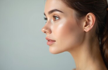 Naklejka premium Elegant woman with natural makeup poses for skincare beauty portrait. Clean fresh skin, light eye shadows, nude lips, groomed eyebrows. Facial care, cosmetology, aesthetic medicine, rejuvenation,