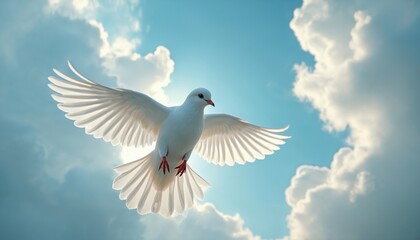 White dove flies in sky with clouds. Symbol of peace, hope, freedom. Sky background, copy space for text. Remembrance, memorial, religion, spirituality, mourning concept for posters and banners.