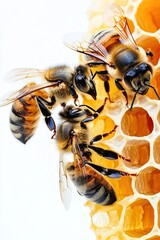 Close up of honey bees working on a honeycomb collecting nectar and producing honey