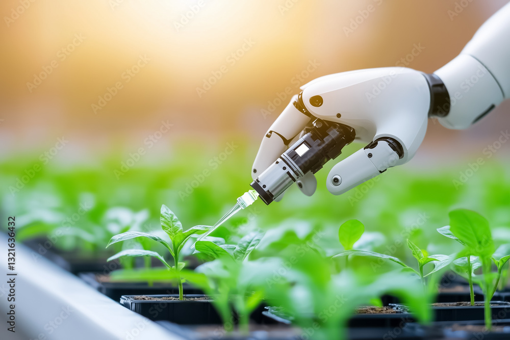 Poster in a high-tech laboratory, a robotic arm skillfully injects nutrients into small seedlings using a h