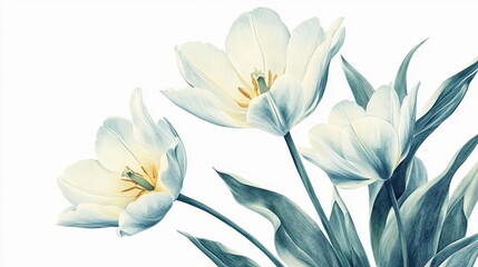 Elegant white tulips with soft petals and delicate leaves on a light background