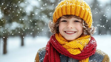 A young boy with curly hair is wearing a warm knitted hat and scarf, smiling brightly as snowflakes fall around him in a serene winter setting filled with trees