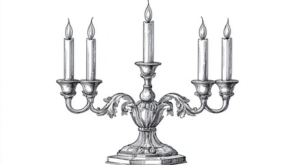 Sketch engraving of an ornate candelabrum with burning candles in black and white