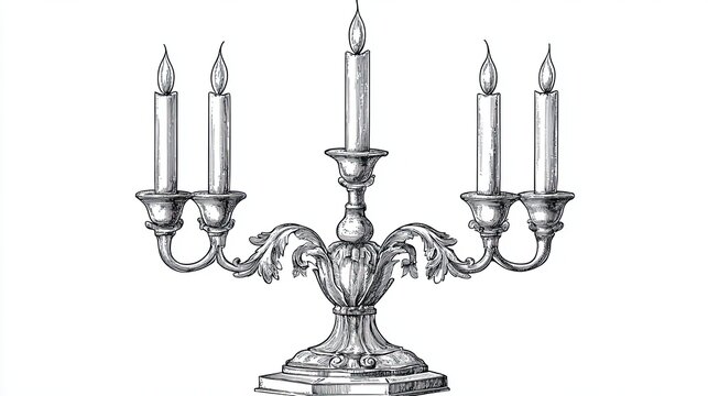 Sketch engraving of an ornate candelabrum with burning candles in black and white