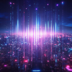 Vivid vertical light bars pulsating in digital cityscape at night