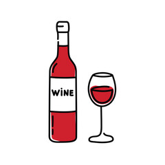 Hand drawn illustration of red wine bottle and wine glass in doodle vintage style