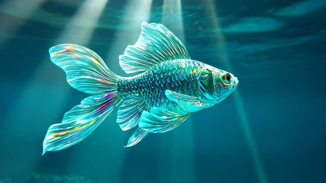 A majestic gold fish submerged in azure waters, tail feathers creating underwater aurora