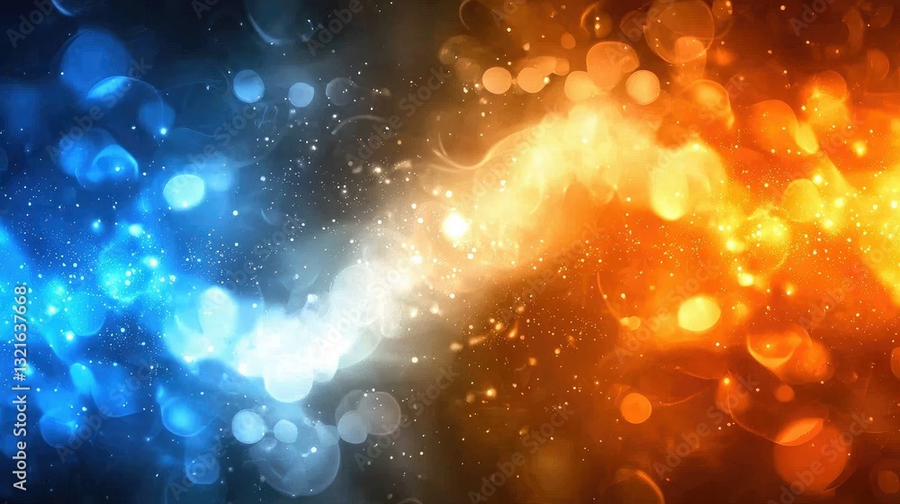 Poster a glowing orange and blue background with dynamic light effects and transitions