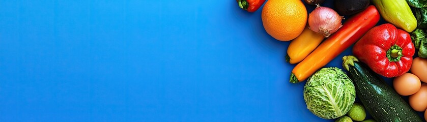 Colorful fresh produce on blue background. Healthy eating concept