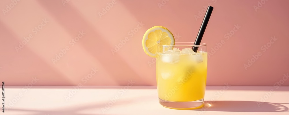 Poster glass of pastel yellow lemonade with straw on light pastel pink background creating depth with shado