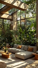 Fototapeta premium Modern Living Room with Lush Greenery and Natural Light